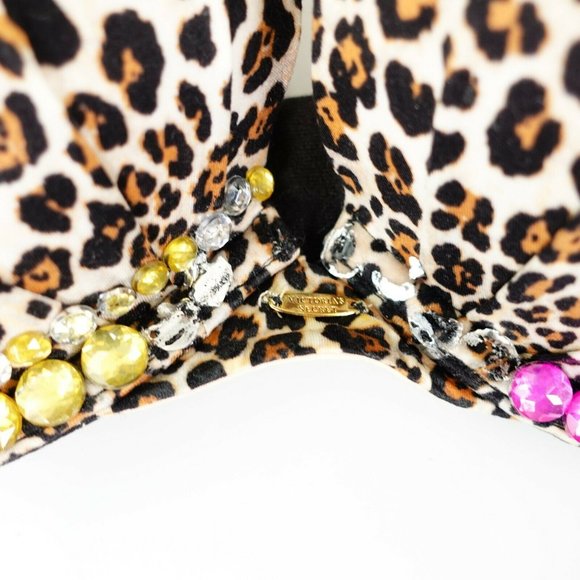 VICTORIA'S SECRET Brown Push Up Bra 32DD Padded Leopard Rhinestone Fabulous - Picture 6 of 12
